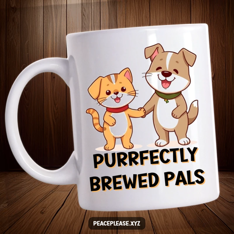Funny Mug featuring a cheerful cat character holding hands with a friendly dog character, celebrating friendship.