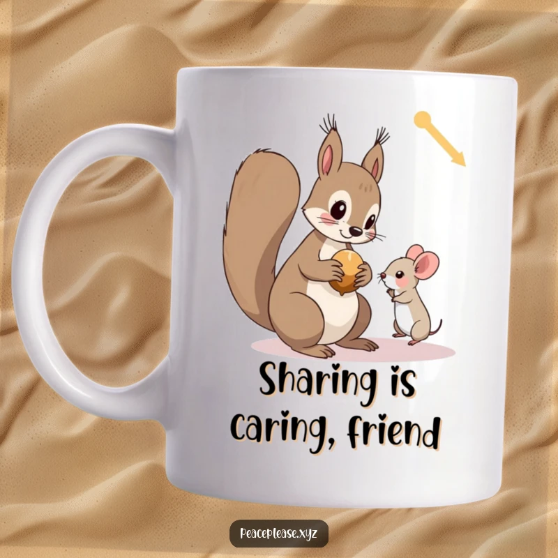 Funny mug illustration of a curious squirrel offering a nut to a tiny, trusting mouse, showcasing friendship and cuteness.