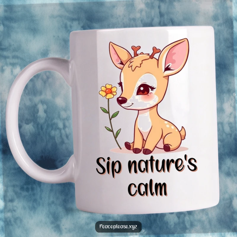 Gentle deer holding a flower with a soft, kind gaze, offering a moment of peace in this serene mug design.