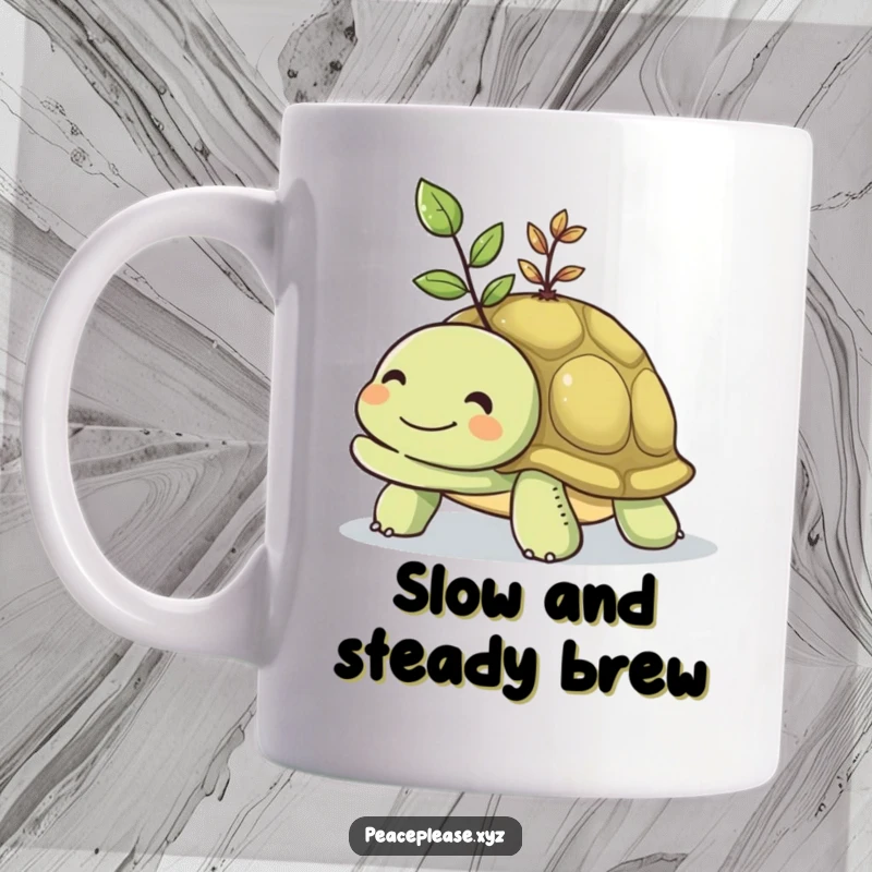 Funny mug illustration of a smiling turtle carrying a small, vibrant seedling on its shell, symbolizing growth.