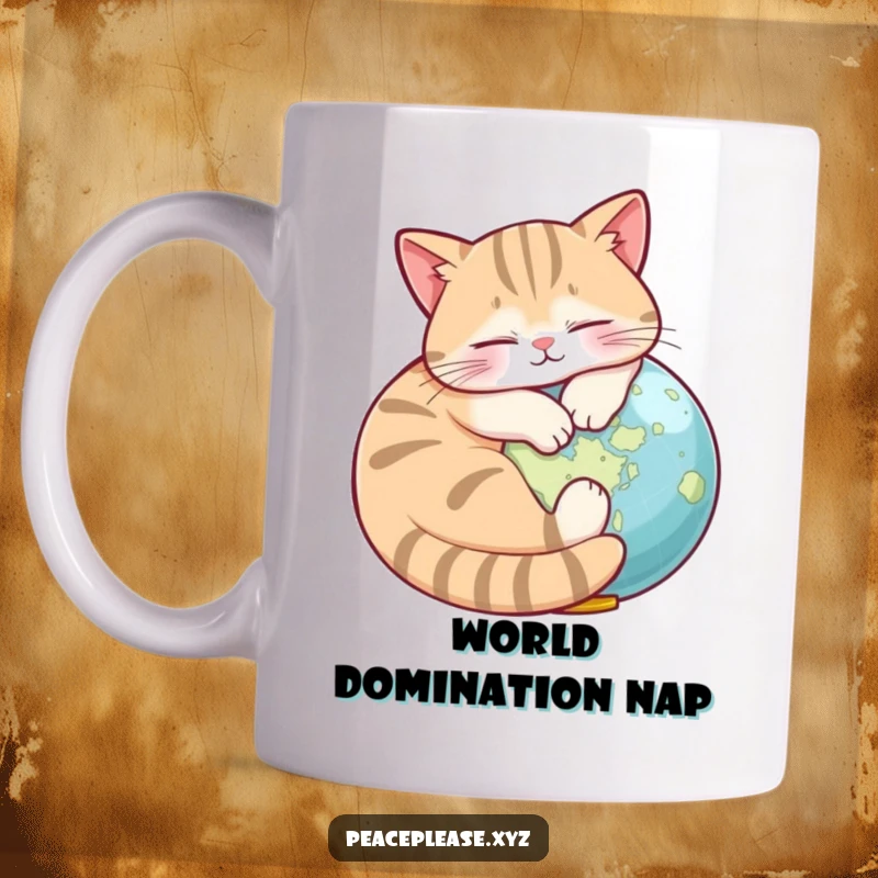 Funny Mug with a contented cat napping curled around a tiny globe, dreaming of adventures.