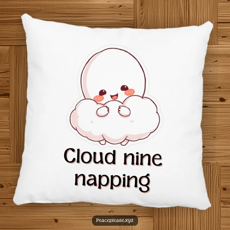 Funny Pillow featuring a resolved character hugging a fluffy cloud that resembles a peace symbol.