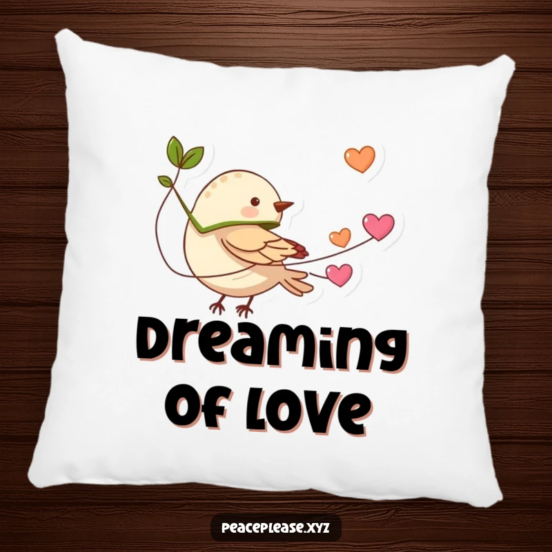 Funny tiny bird with a leaf cape flying with a string of hearts on a soft pillow, adding comfort and a symbol of love.