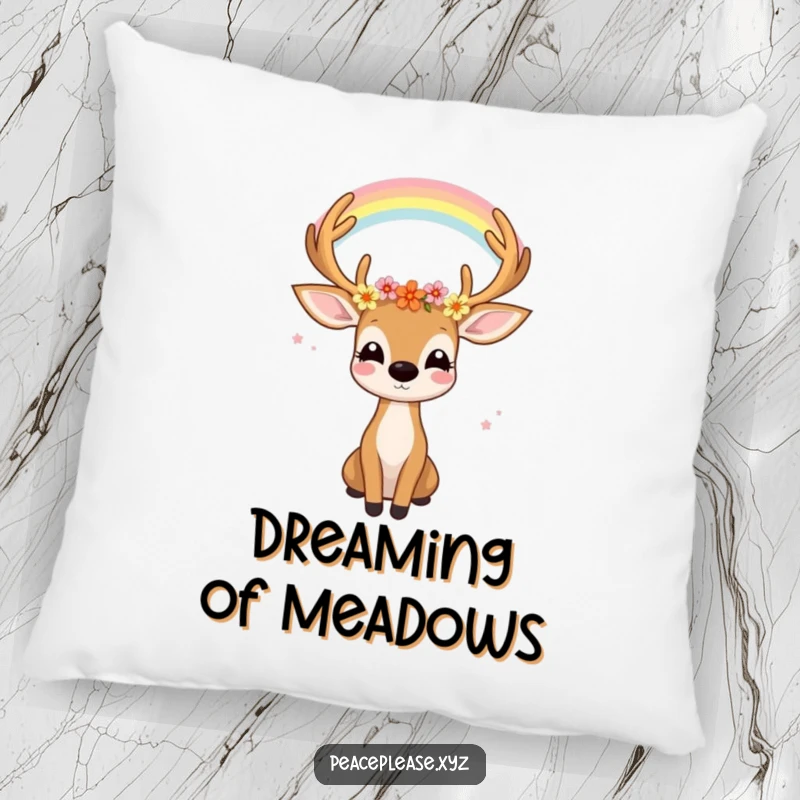 Funny pillow design of a joyful deer with flowers in its antlers gazing serenely at a rainbow, adding tranquility.