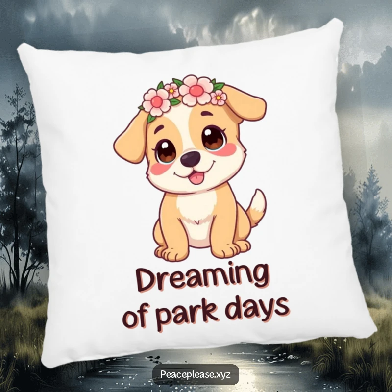 Funny Pillow featuring a playful dog with a flower crown and wagging tail, offering plush comfort and humorous cheer.