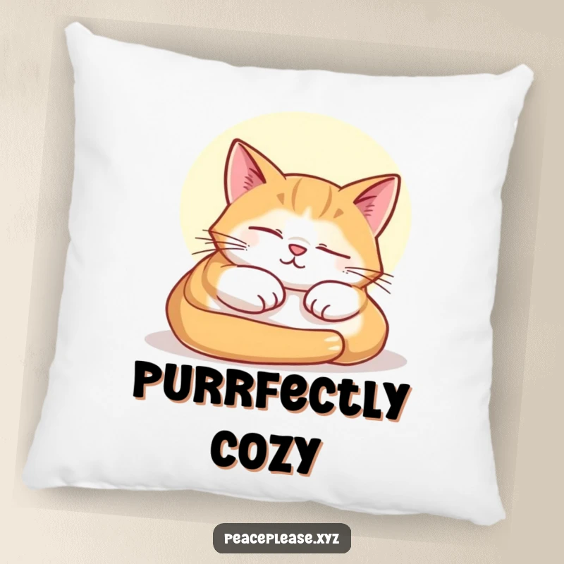 Funny pillow showcasing a contented cat peacefully napping in a warm sunbeam, offering soft comfort and feline charm.