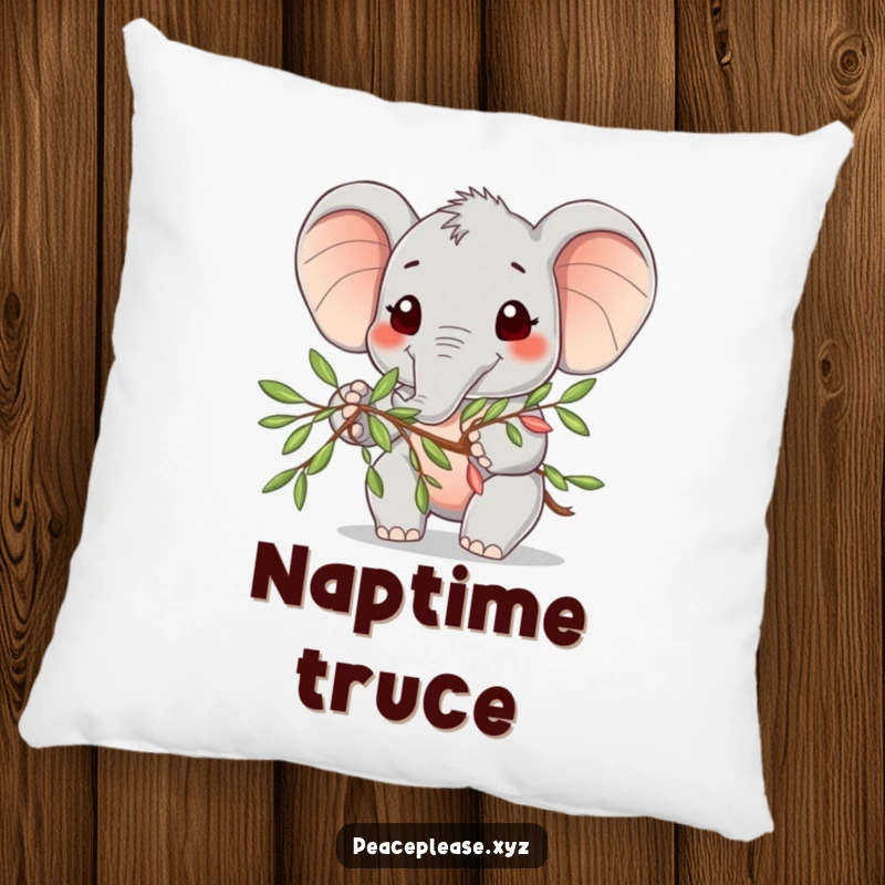 Funny Pillow featuring a cute elephant character with a peaceful smile, offering an olive branch.