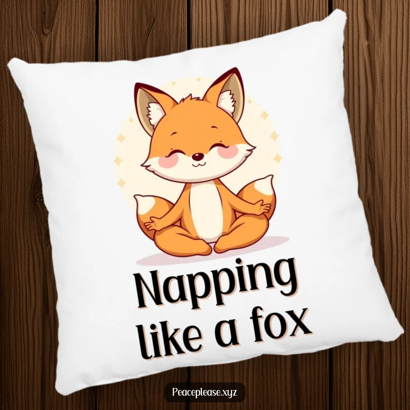 Funny pillow featuring a smiling fox meditating peacefully in lotus pose, surrounded by a serene aura. A comforting, humorous gift.