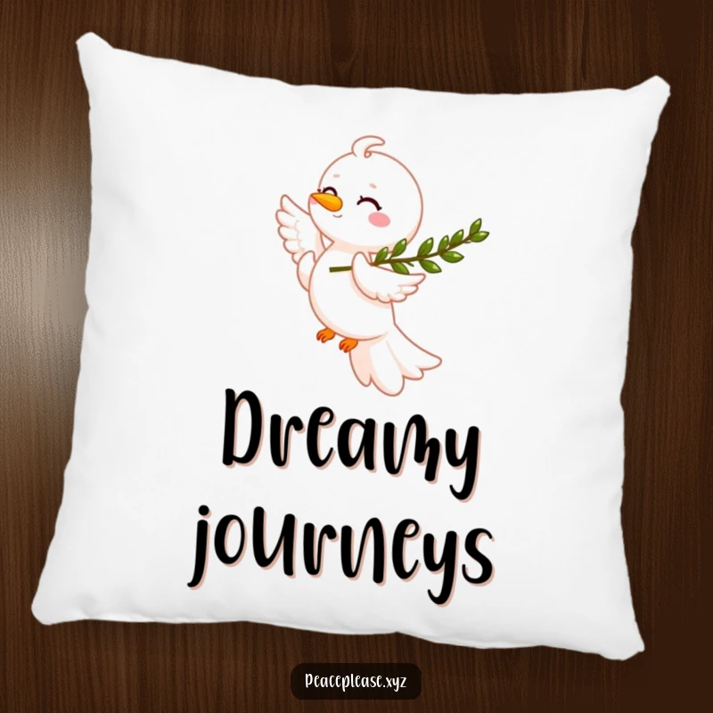 Funny smiling dove with an olive branch on a soft pillow, designed for comfort and peaceful vibes, ideal funny gift.