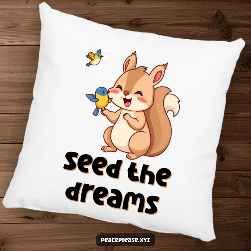 Funny Squirrel pillow depicting a generous squirrel offering nuts to a happy bird, a cozy and humorous woodland accent.