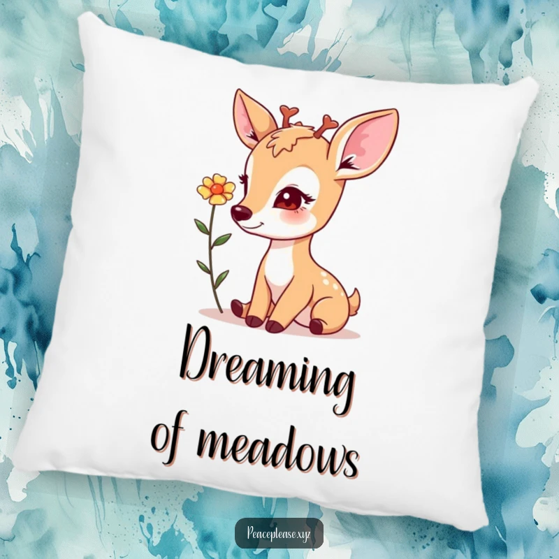 Pillow featuring a gentle deer with a soft gaze, offering a flower, providing cozy comfort and natural elegance.