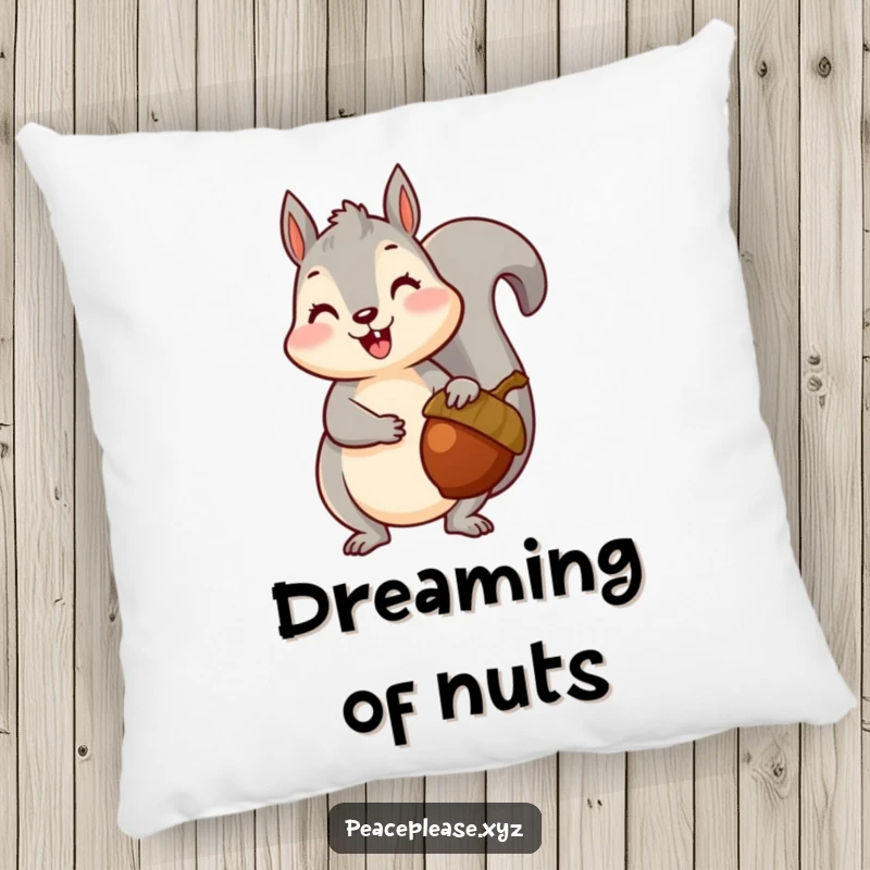 Pillow featuring a happy squirrel offering a ripe acorn, providing soft comfort and a touch of woodland charm.