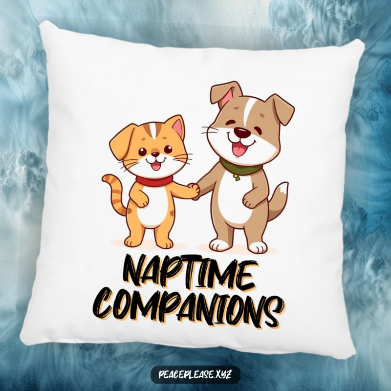 Funny Pillow featuring a cheerful cat and a friendly dog character holding hands, symbolizing friendship.