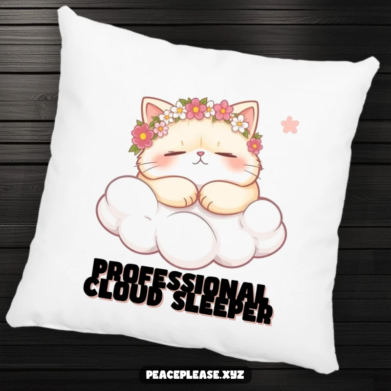 Funny plump cat wearing flower crowns, snoozing on a cloud, holding a gentle breeze on a soft pillow, perfect for ultimate relaxation.