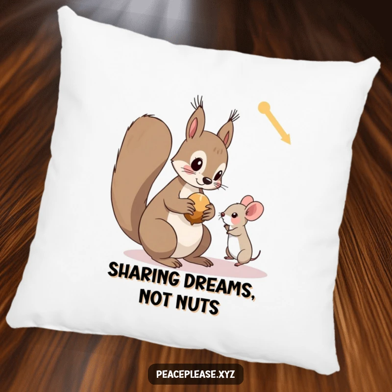 Funny pillow design with a curious squirrel offering a nut to a tiny, trusting mouse, perfect for cozy decor.