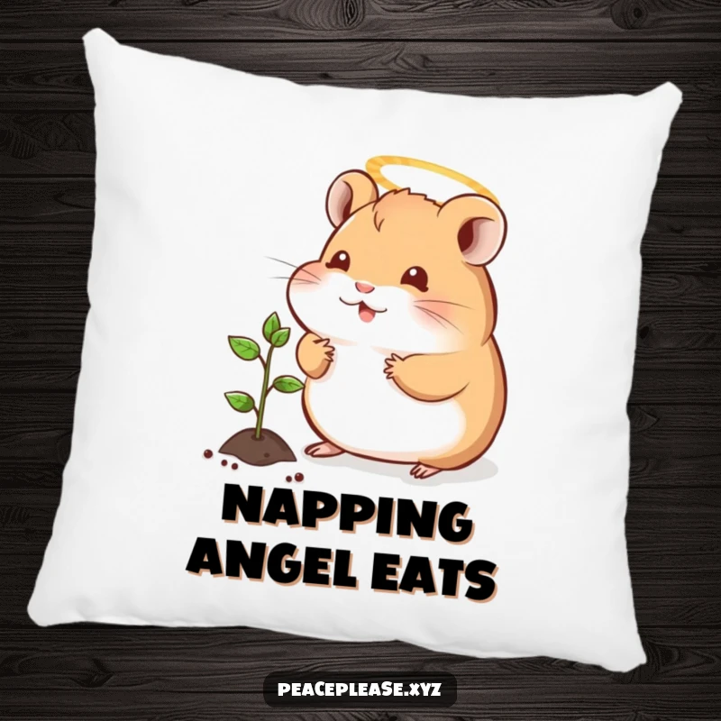 Funny pillow showcasing a contented hamster with a halo, offering a tiny sprout to a seedling, embodying peace and gentle affection.