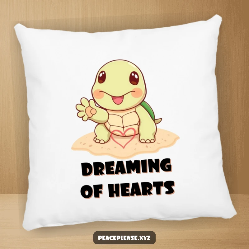 Funny pillow with a happy turtle paw drawing a heart symbol in the sand, perfect for cozying up with beachy love.