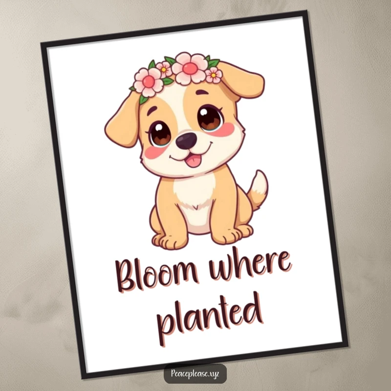Funny Digital Art Print of a happy dog with a flower crown, bringing humorous and cheerful decor.