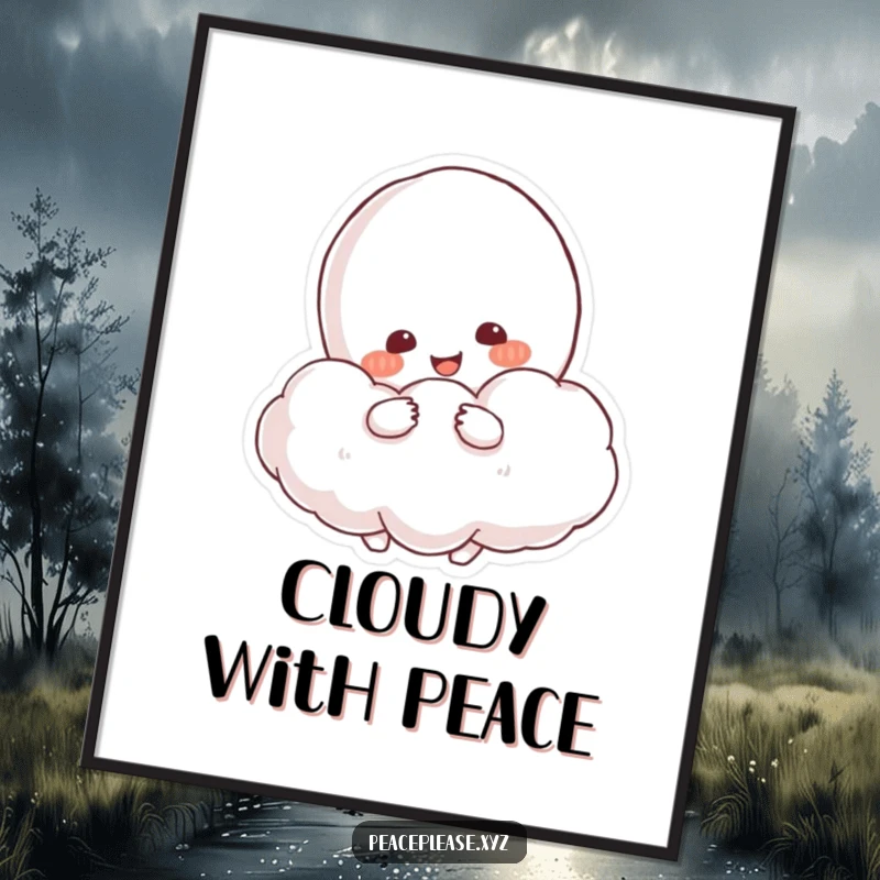 Funny Digital Art Print of a resolved character hugging a fluffy cloud shaped like a peace symbol.