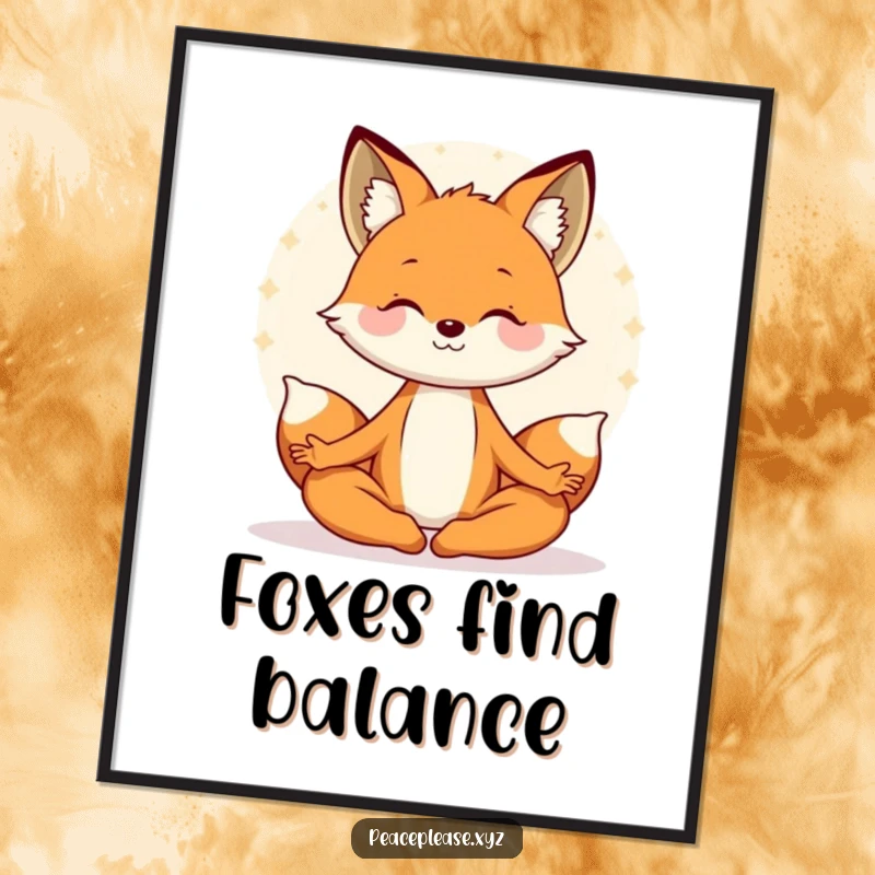 Funny digital art print of a smiling fox meditating with a serene aura, embodying peace. A humorous decor gift.