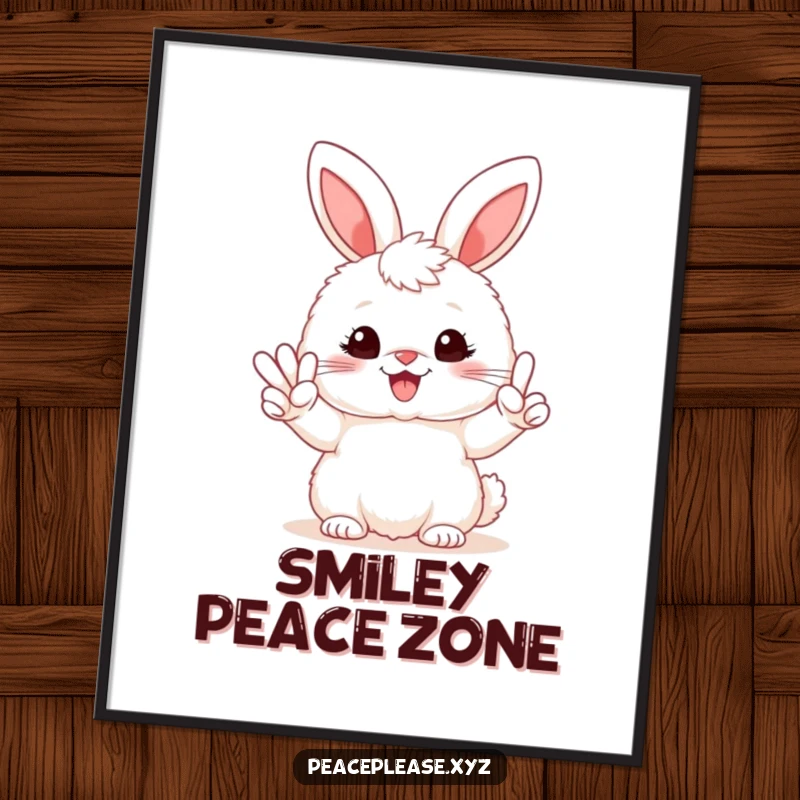 Funny digital art of a fluffy bunny holding a peace sign and beaming, perfect for instant wall decor.