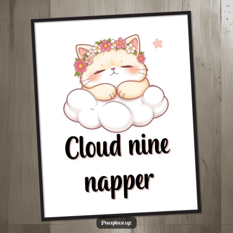 Funny plump cat wearing flower crowns, snoozing on a cloud, holding a gentle breeze, a dreamy digital art print for instant display.