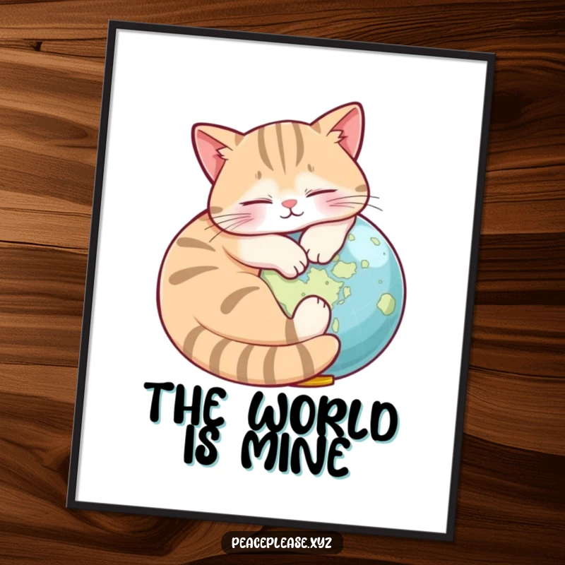 Funny Digital Art Print of a cat napping around a tiny globe, perfect for adding humorous, travel-themed decor.