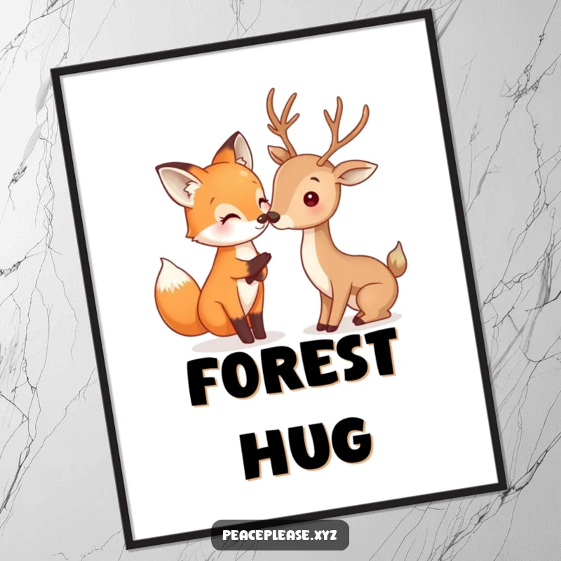 Funny Fox and Deer digital art print of a fox gently touching noses with a deer, humorous and heartwarming woodland wall decor.