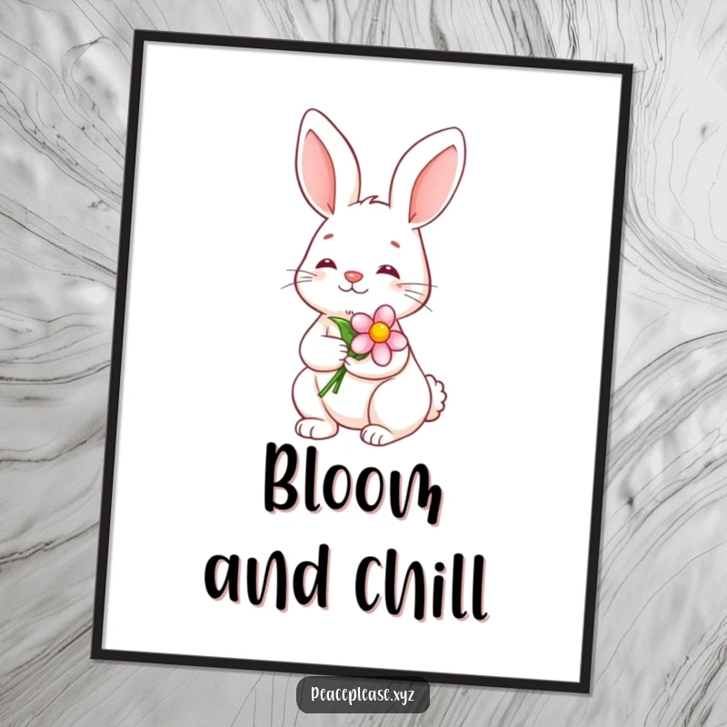 Funny Digital Art Print of a serene bunny holding a blooming flower with a calm smile, perfect for instant decor.