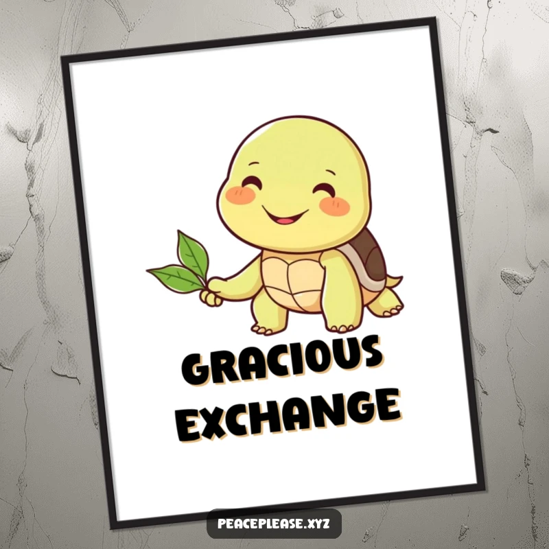Funny digital art print of a smiling turtle offering a leaf to a smiling friend, celebrating kindness and companionship.