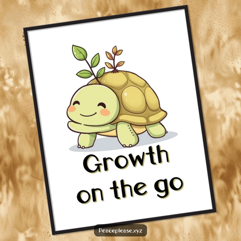 Funny digital art print of a smiling turtle carrying a small, vibrant seedling on its shell, symbolizing growth.