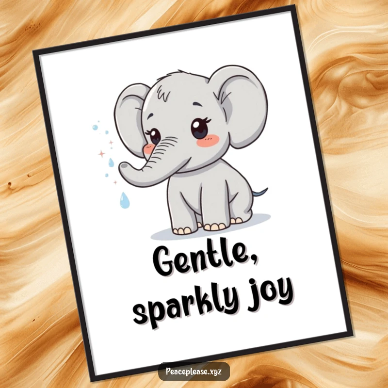 Funny digital art print of a cute elephant character spraying a gentle mist of sparkling water. A humorous decor gift.
