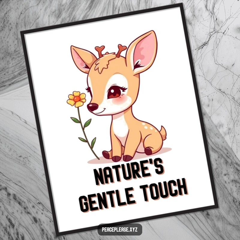 Digital art print of a gentle deer with a soft gaze, offering a flower, for serene home decor.