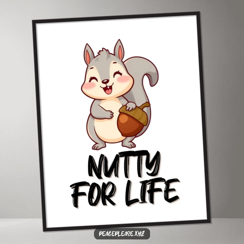Digital art print of a happy squirrel offering a ripe acorn, perfect for adding woodland charm to decor.
