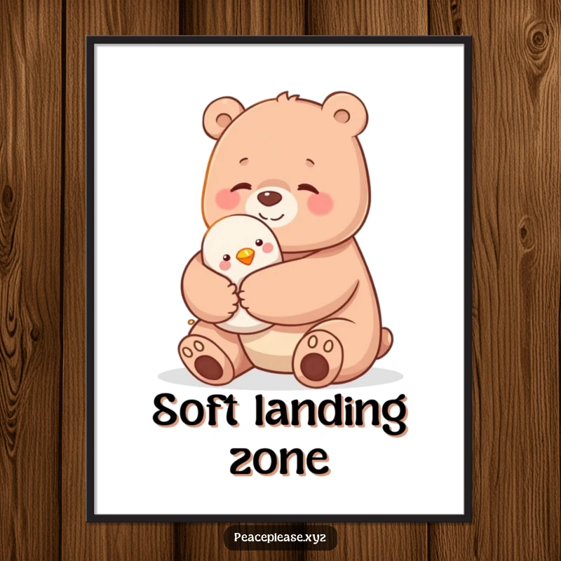 Funny digital art print of a large, gentle bear giving a warm hug to a tiny, happy bird, symbolizing friendship.