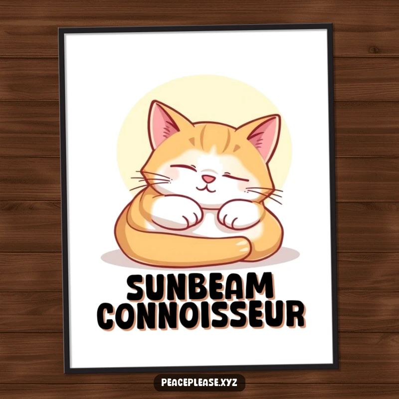 Funny digital art print of a contented cat sound asleep in a warm sunbeam, perfect for serene and peaceful decor.