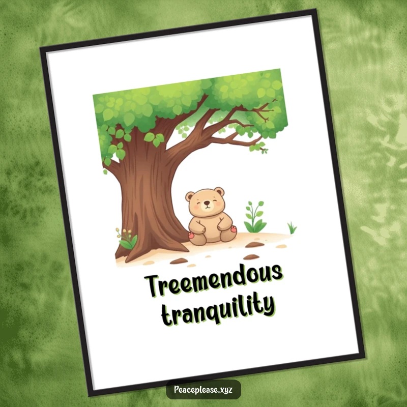 Funny Digital Art Print of a meditating bear under a tree, offering a peaceful and humorous visual experience.