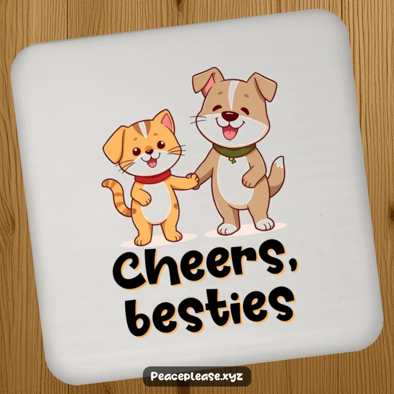 Funny Drink Coaster with a cheerful cat and a friendly dog holding hands, symbolizing friendship.