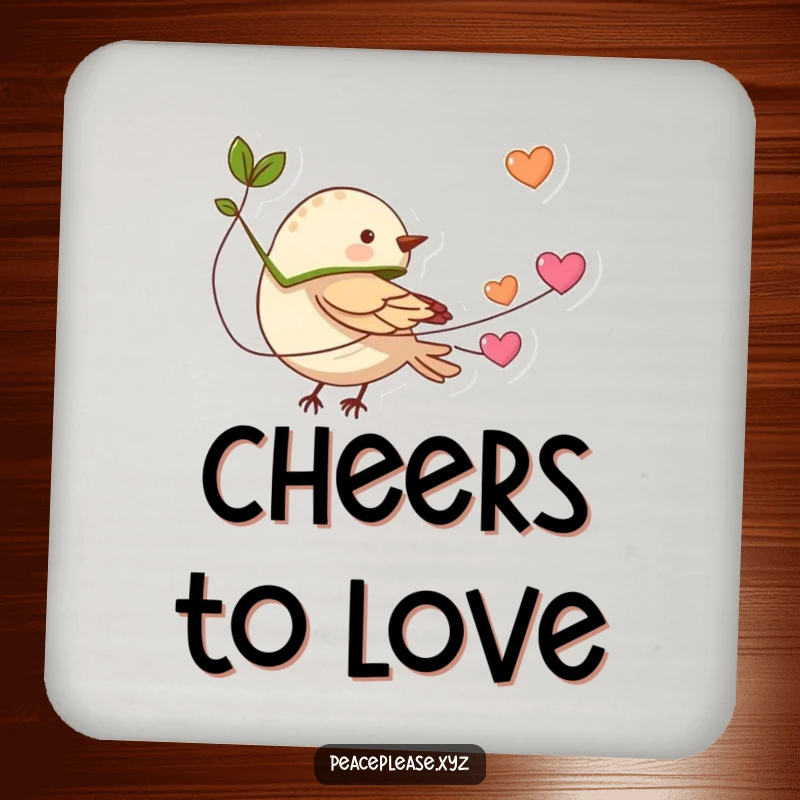 Funny tiny bird with a leaf cape flying with a string of hearts on a drink coaster, adding a touch of loving humor.