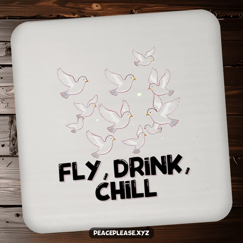 Funny coaster with a serene flock of doves flying in formation, providing a peaceful touch to any surface.
