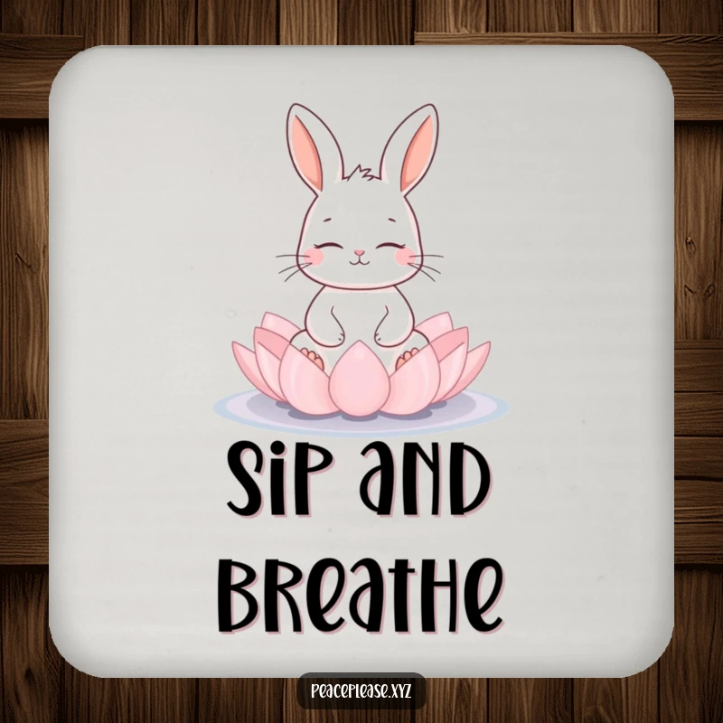 Funny meditating rabbit on a lotus flower pad on a drink coaster, bringing zen humor and surface protection, nice gift.