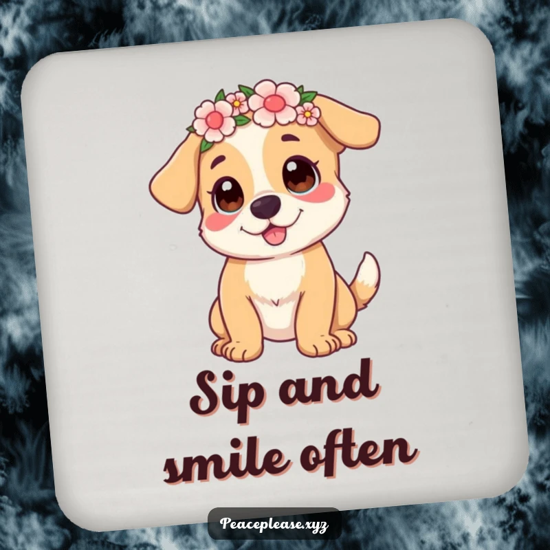 Funny Drink Coaster with a playful dog wearing a flower crown, offering humorous protection for tables.
