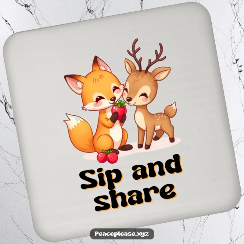 Funny coaster showing a playful fox sharing a berry with a gentle deer, symbolizing friendship and nature.