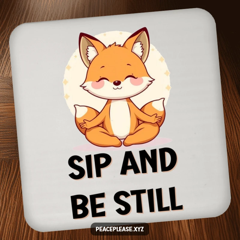 Funny coasters featuring a meditating fox character radiating a serene aura, protecting surfaces with peace. A humorous home accessory gift.
