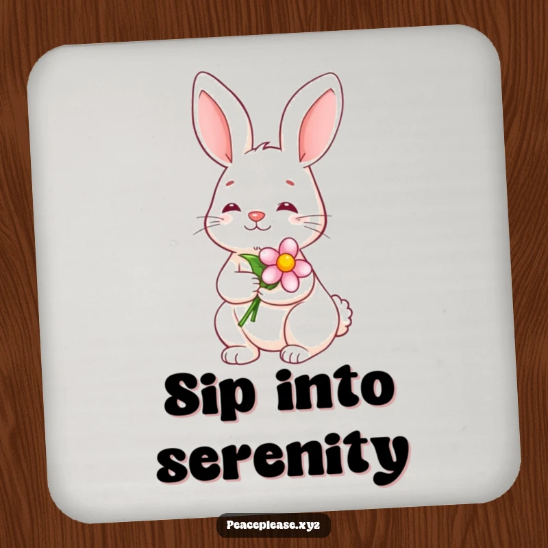 Funny Drink Coaster showing a serene bunny holding a blooming flower with a calm smile, perfect for any table.