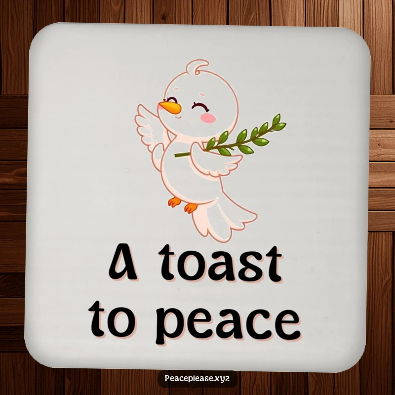 Funny smiling dove with an olive branch on a drink coaster, bringing peace humor and surface protection, nice gift.