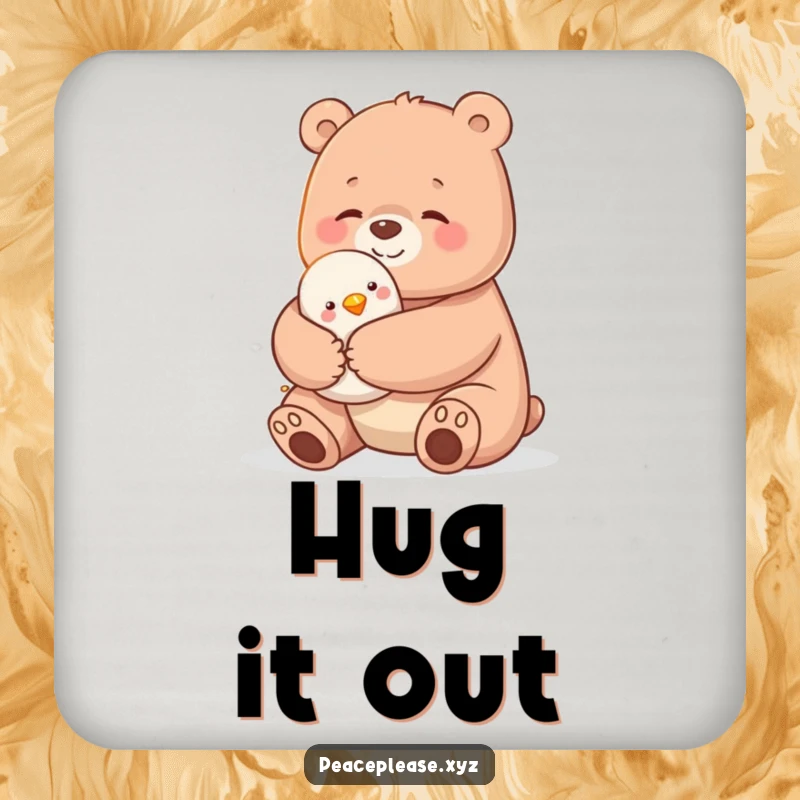 Funny coaster featuring a large bear offering a gentle hug to a small bird, adding warmth to any setting.