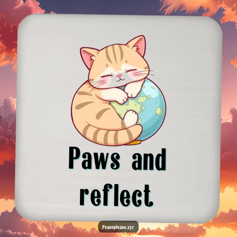 Funny Drink Coaster with a napping cat around a small globe, offering humorous protection for tables everywhere.