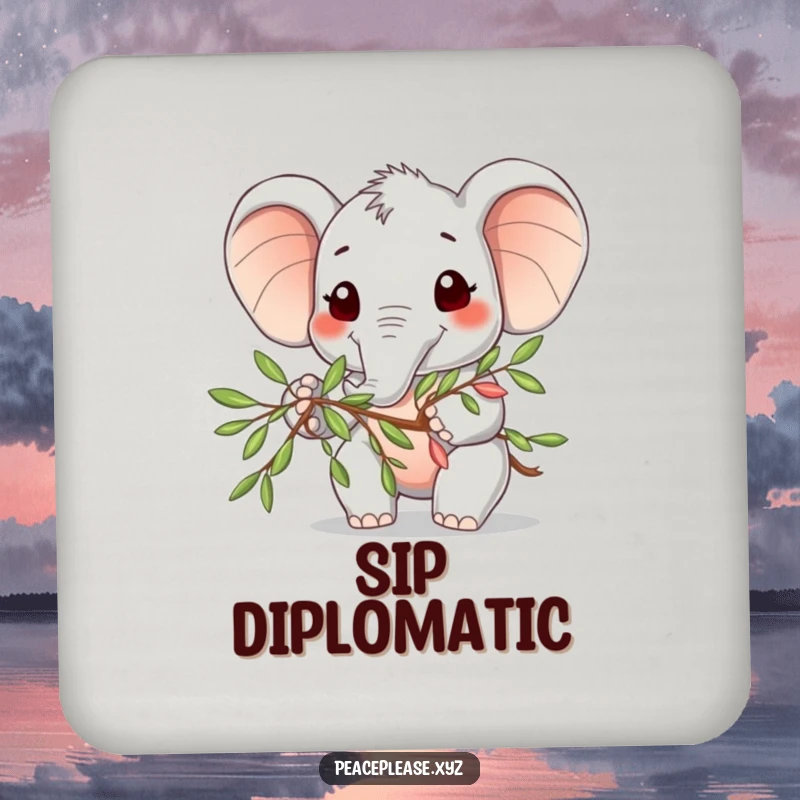 Funny Drink Coaster with a cute elephant character smiling and offering an olive branch of peace.