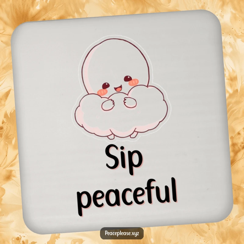 Funny Drink Coaster with a resolved character hugging a fluffy cloud shaped like a peace symbol.
